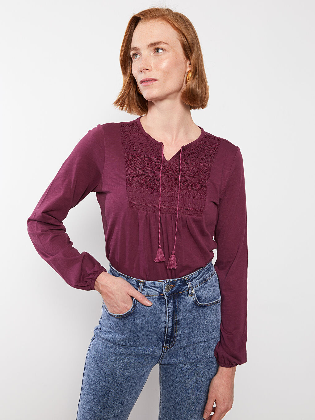 Mürdüm Bağlamalı Yaka Nakışlı Uzun Kollu Pamuklu Kadın Tişört-2