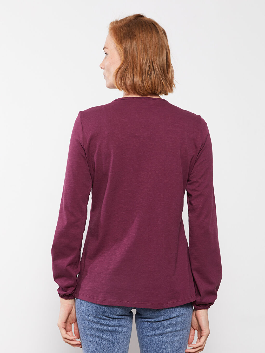 Mürdüm Bağlamalı Yaka Nakışlı Uzun Kollu Pamuklu Kadın Tişört-4