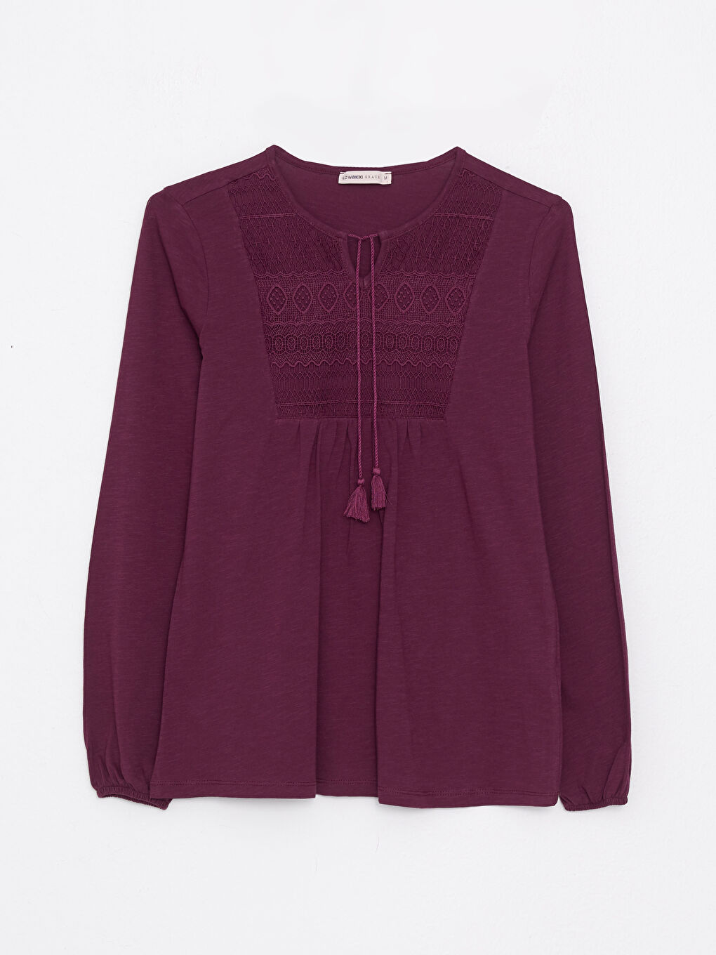 Mürdüm Bağlamalı Yaka Nakışlı Uzun Kollu Pamuklu Kadın Tişört-5