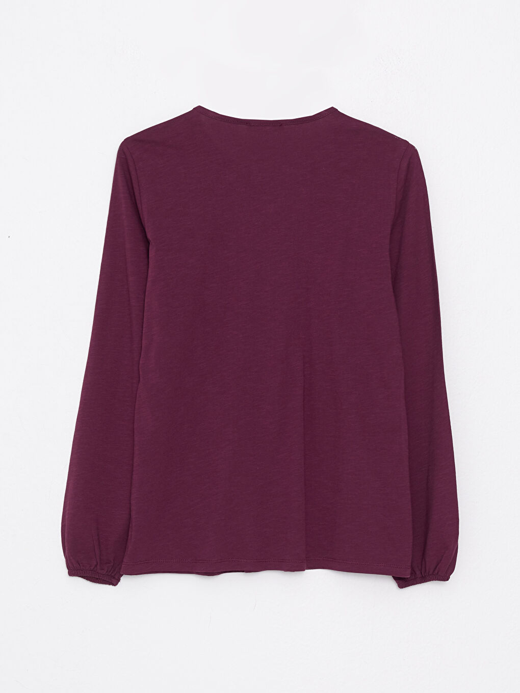 Mürdüm Bağlamalı Yaka Nakışlı Uzun Kollu Pamuklu Kadın Tişört-6