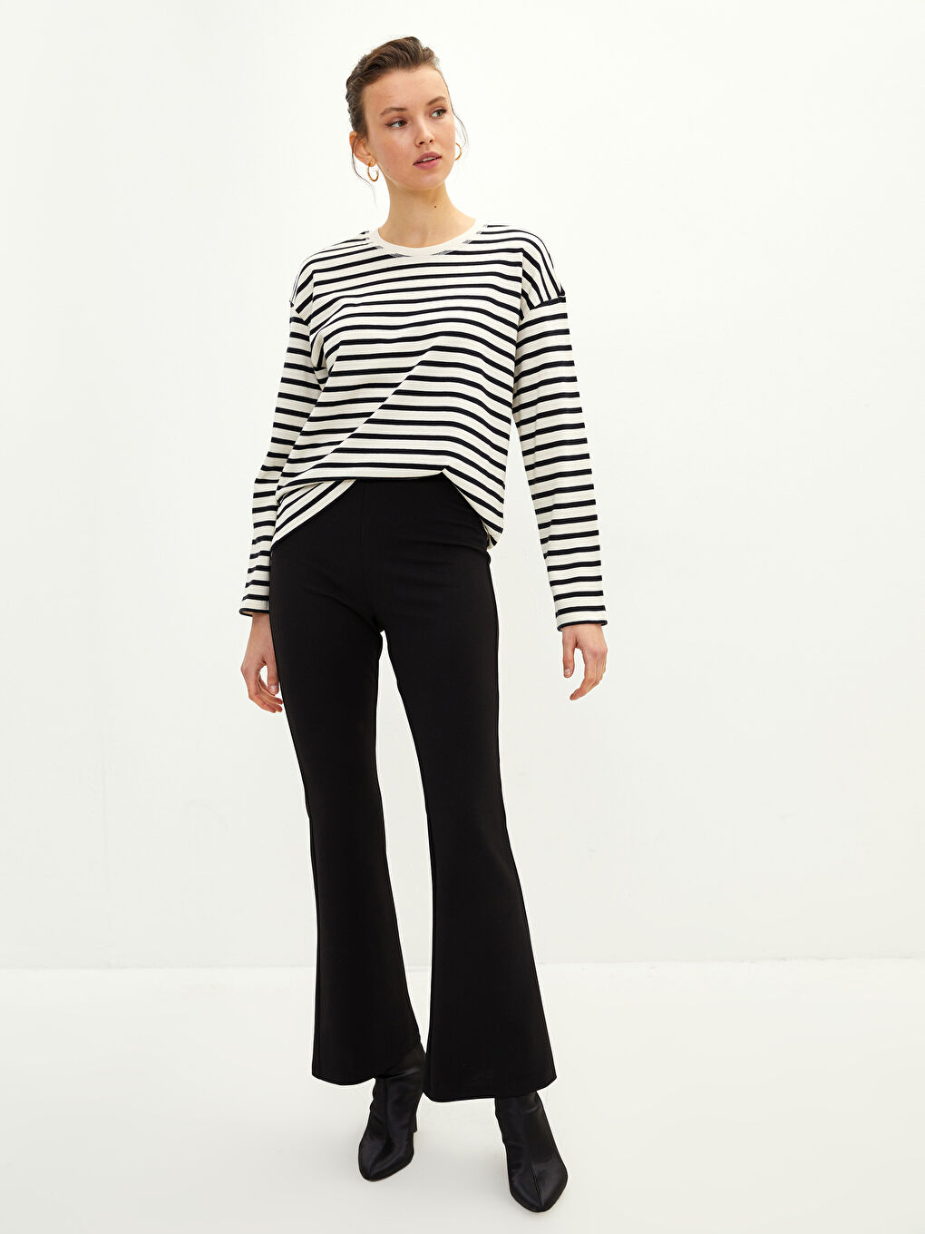 Crew Neck Striped Long Sleeve Cotton Women's T-shirt