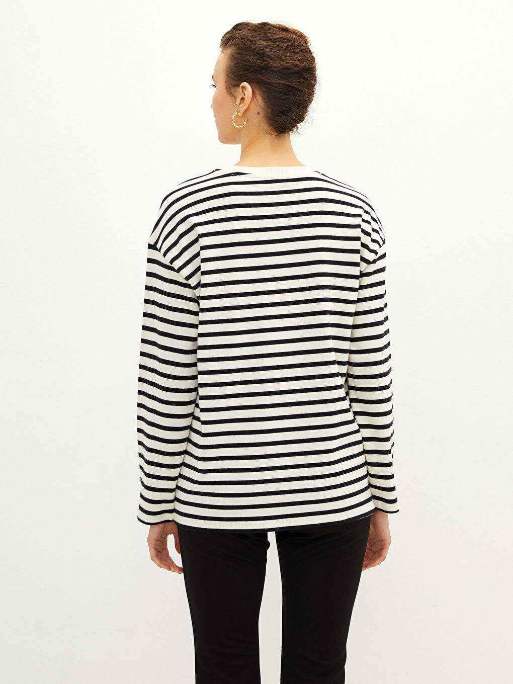 Crew Neck Striped Long Sleeve Cotton Women's T-shirt-4
