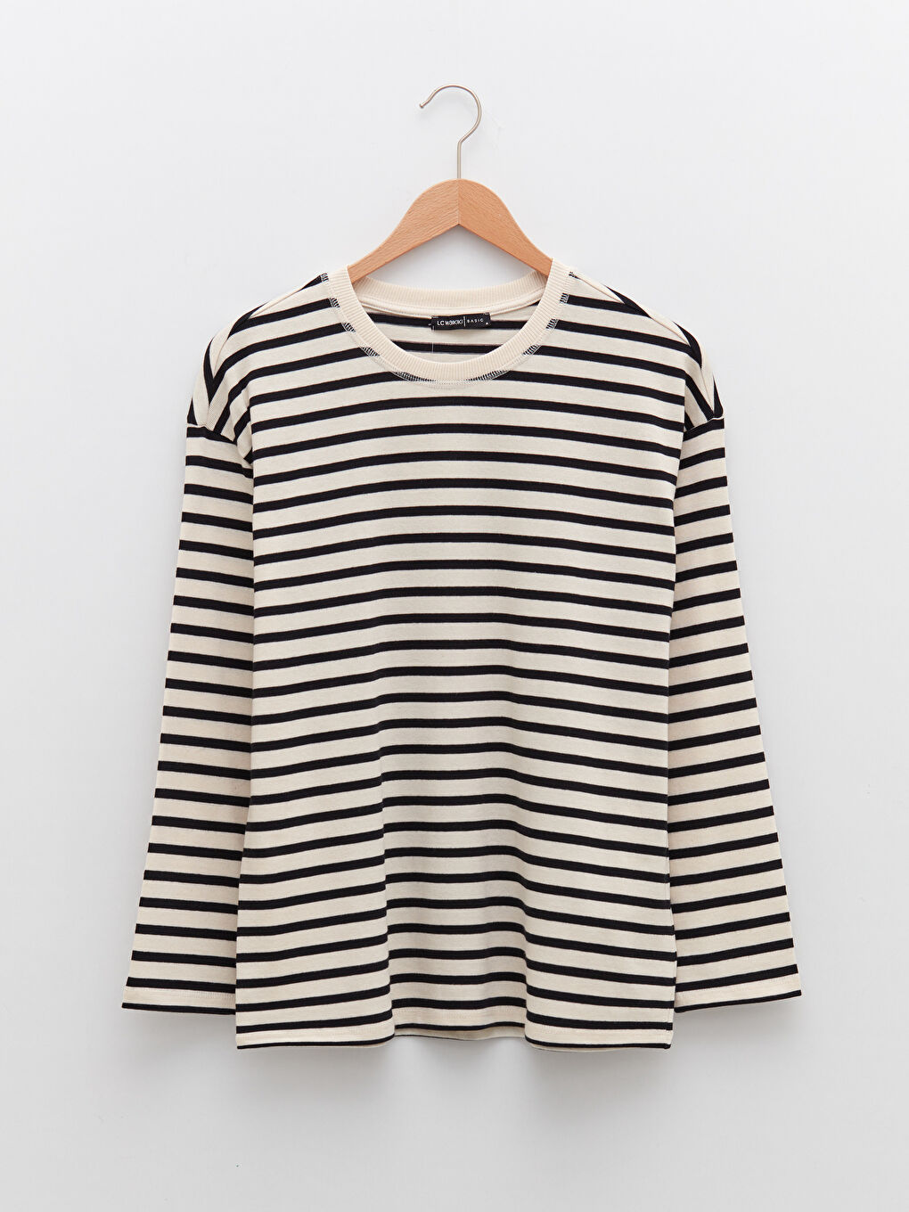 Crew Neck Striped Long Sleeve Cotton Women's T-shirt-5