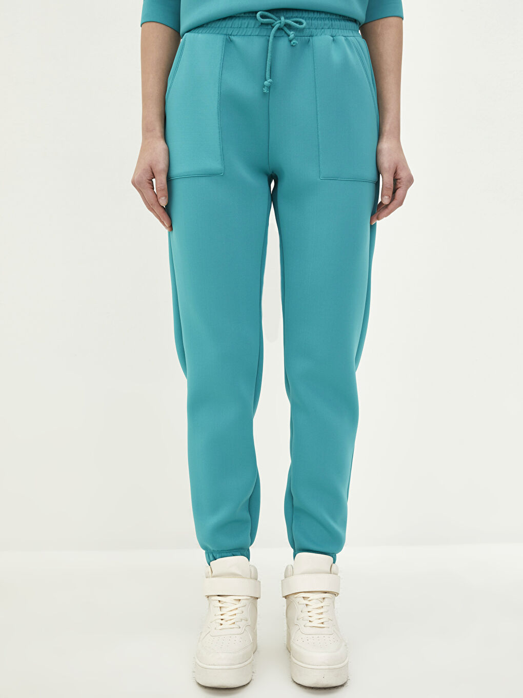 Әйелдерге арналған белі резеңкелі өрнексіз қалтасы бар скуба спорттық шалбар-2