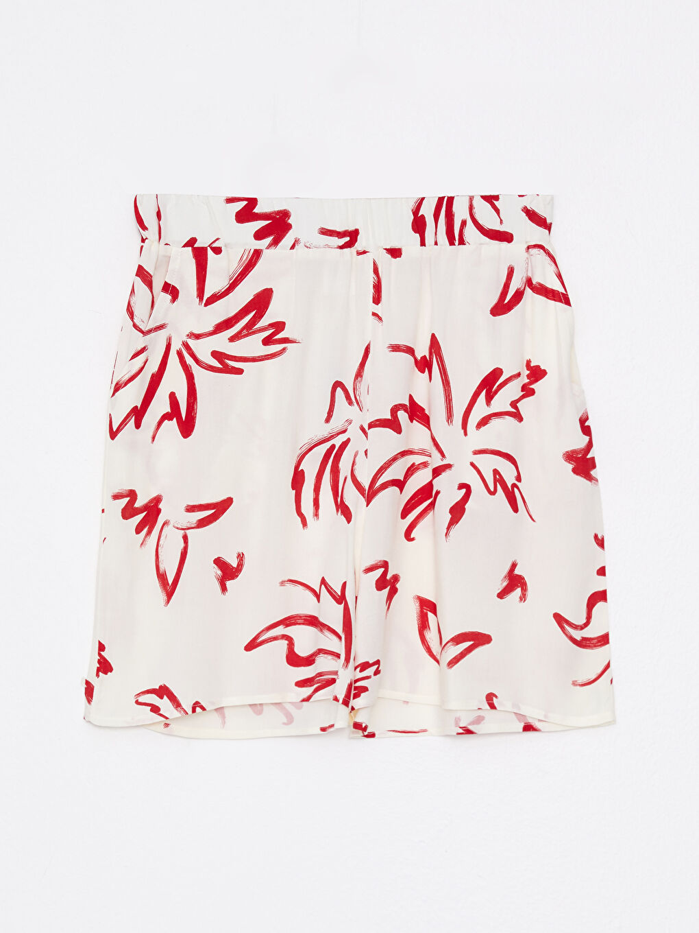 Ekru Beli Lastikli Çiçekli Poplin Kadın Deniz Şortu-6
