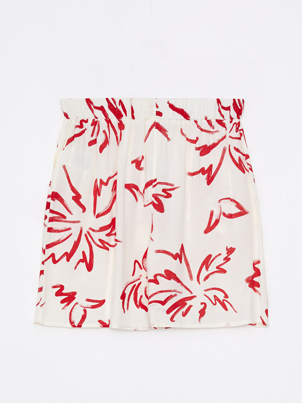 Ekru Beli Lastikli Çiçekli Poplin Kadın Deniz Şortu-7