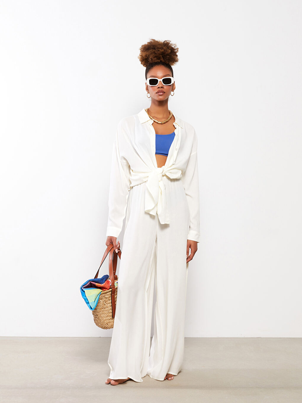 Ekru Beli Lastikli Düz Poplin Kadın Yüzme Giyim Alt