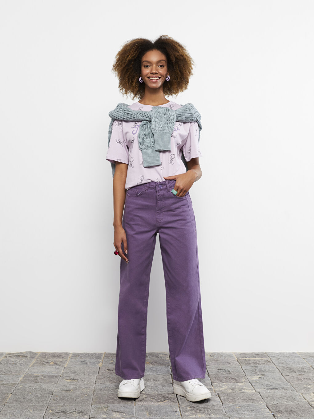 Mor Yüksek Bel Wideleg Cep Detaylı Kadın Jean Pantolon