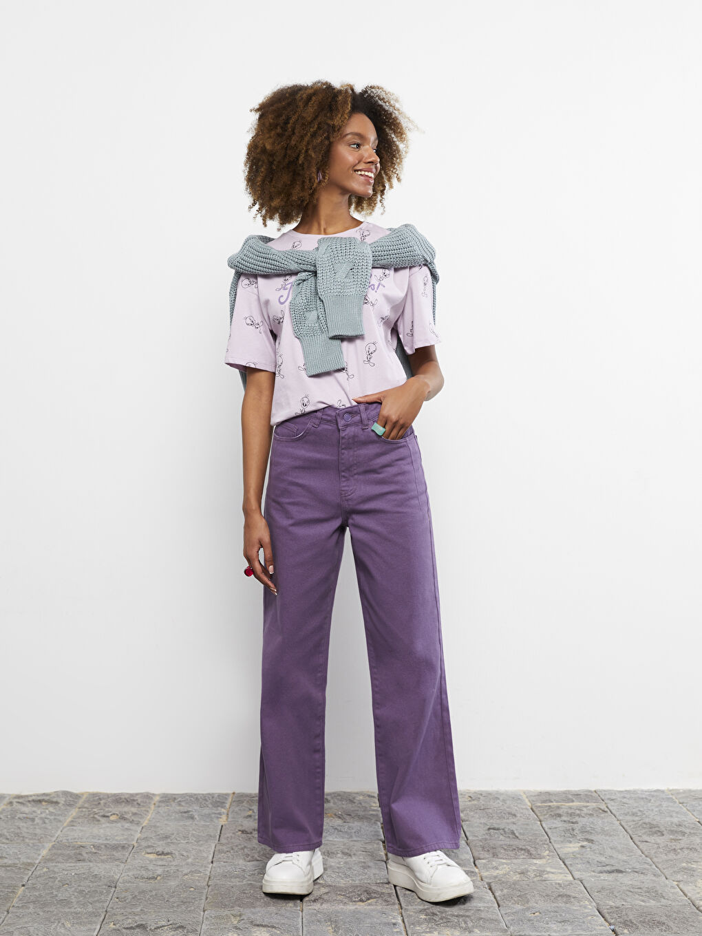 Mor Yüksek Bel Wideleg Cep Detaylı Kadın Jean Pantolon-1