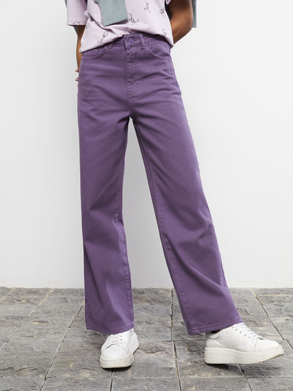 Mor Yüksek Bel Wideleg Cep Detaylı Kadın Jean Pantolon-2