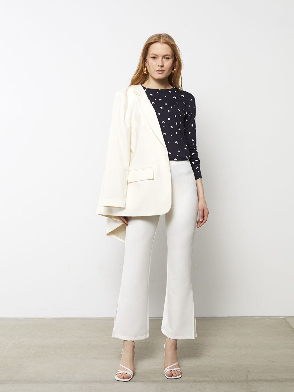 Lacivert Bisiklet Yaka Desenli Uzun Kollu Kadın Tişört