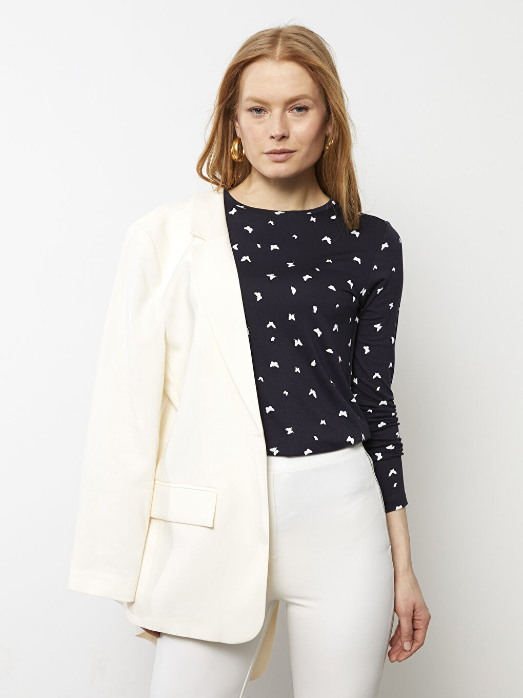 Lacivert Bisiklet Yaka Desenli Uzun Kollu Kadın Tişört-1