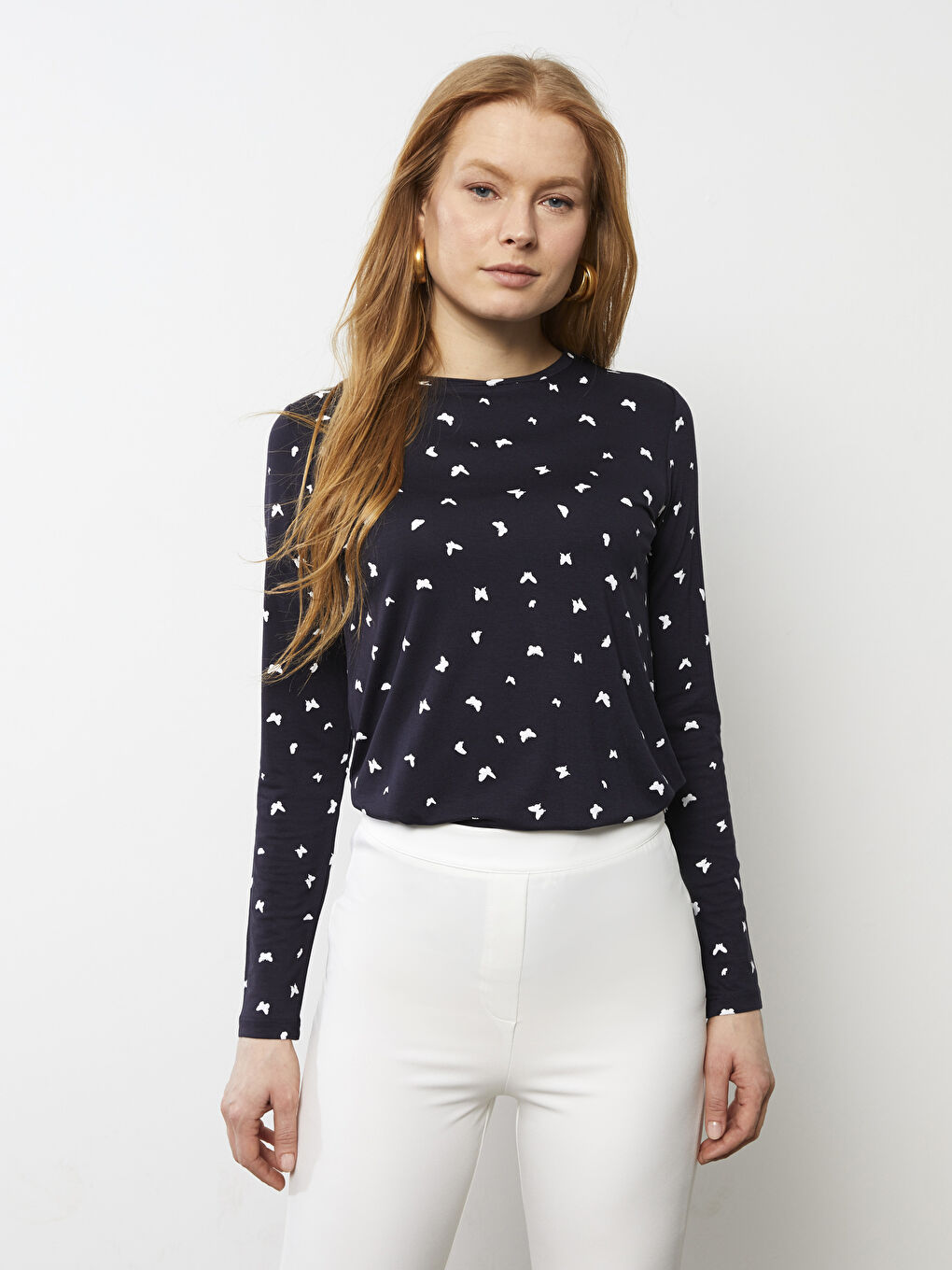 Lacivert Bisiklet Yaka Desenli Uzun Kollu Kadın Tişört-2