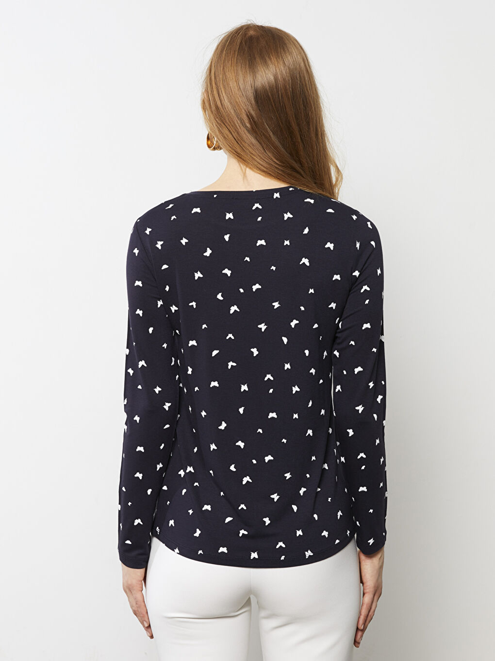 Lacivert Bisiklet Yaka Desenli Uzun Kollu Kadın Tişört-4