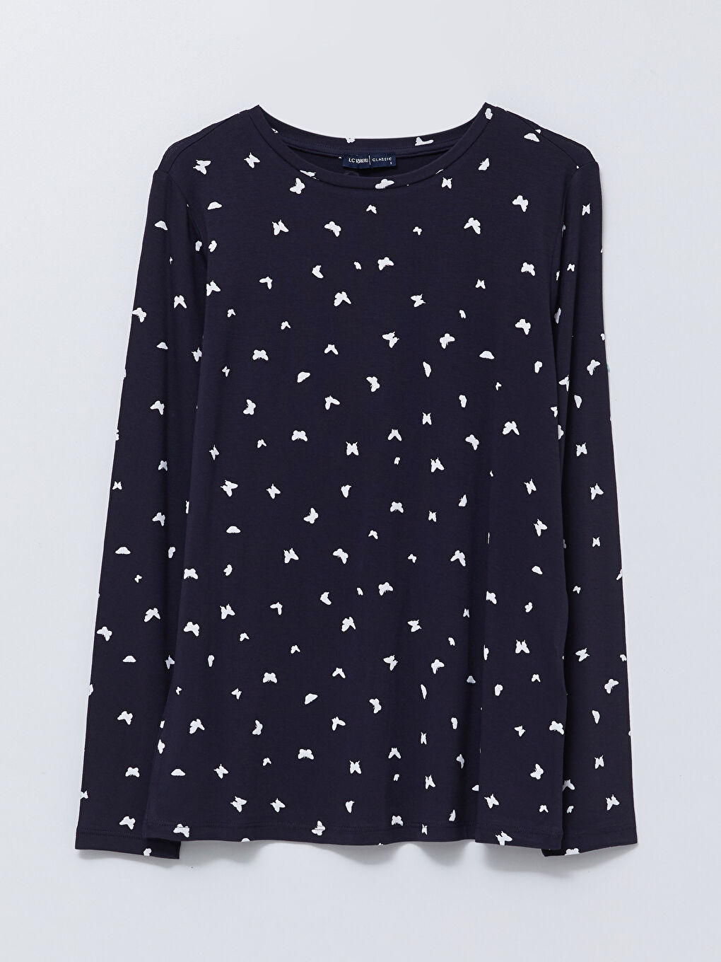 Lacivert Bisiklet Yaka Desenli Uzun Kollu Kadın Tişört-5