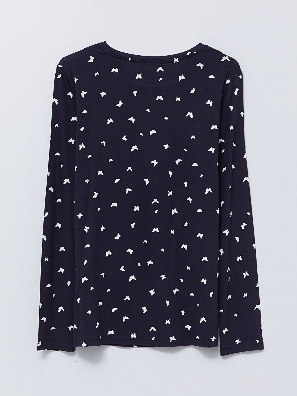 Lacivert Bisiklet Yaka Desenli Uzun Kollu Kadın Tişört-6