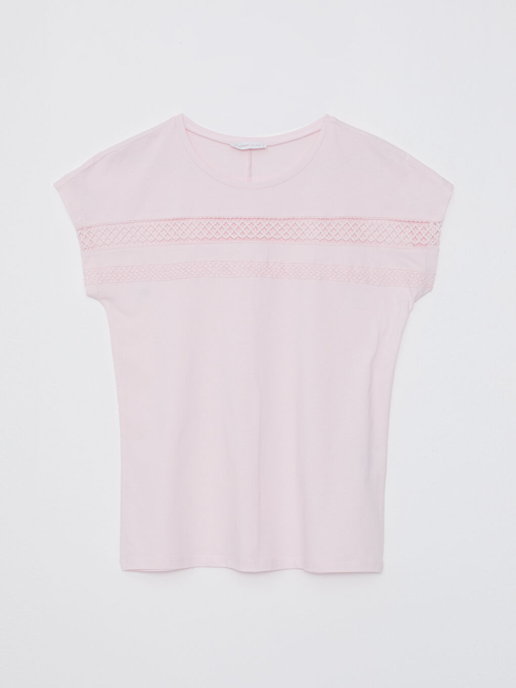 Pembe Bisiklet Yaka Nakışlı Kısa Kollu Pamuklu Kadın Tişört-5