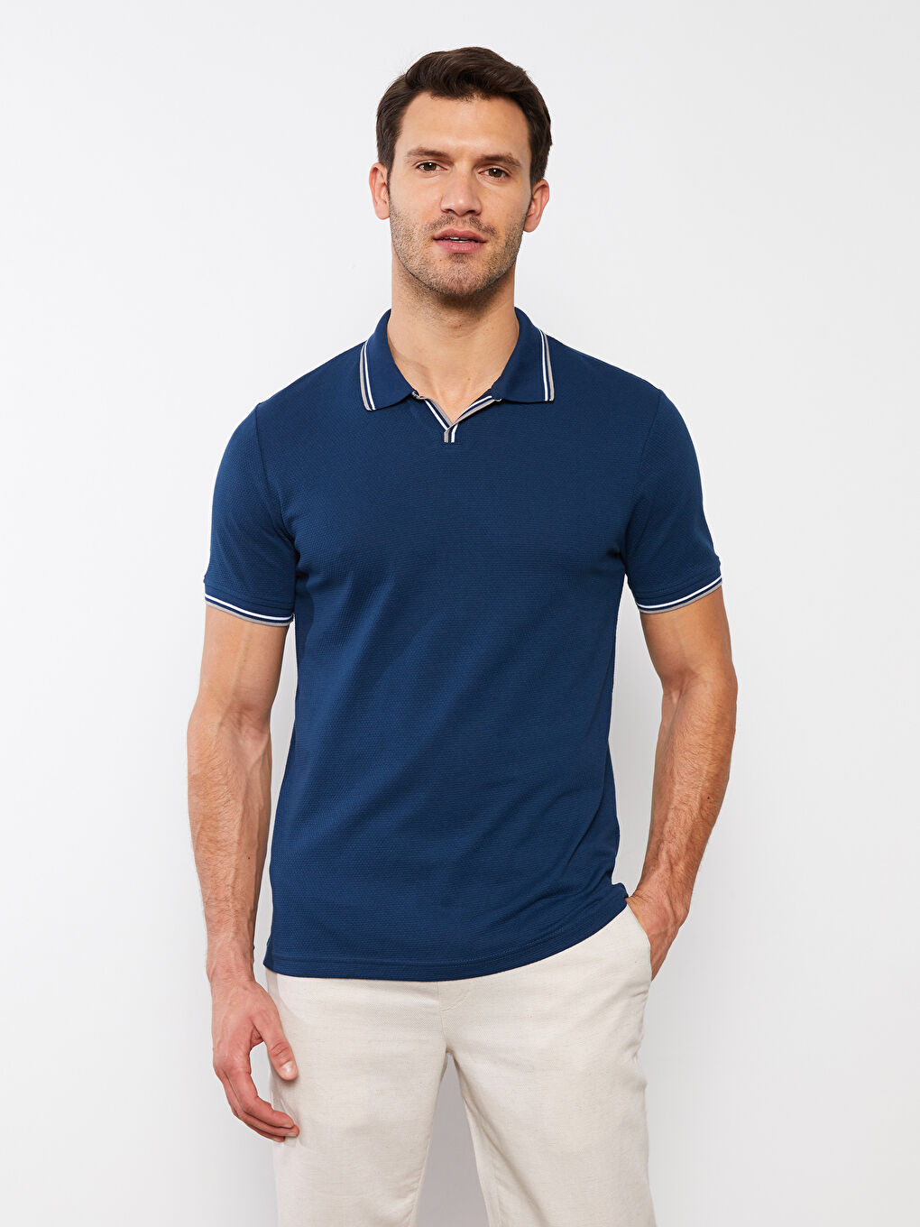 Lacivert Polo Yaka Kısa Kollu Penye Erkek Tişört-2