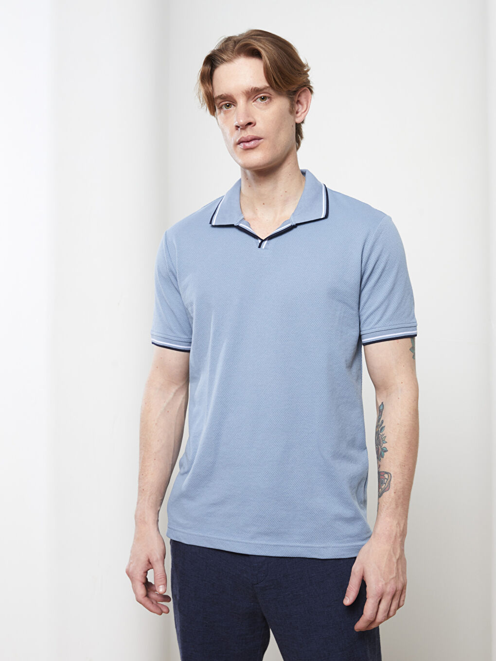 Mavi Polo Yaka Kısa Kollu Penye Erkek Tişört-1