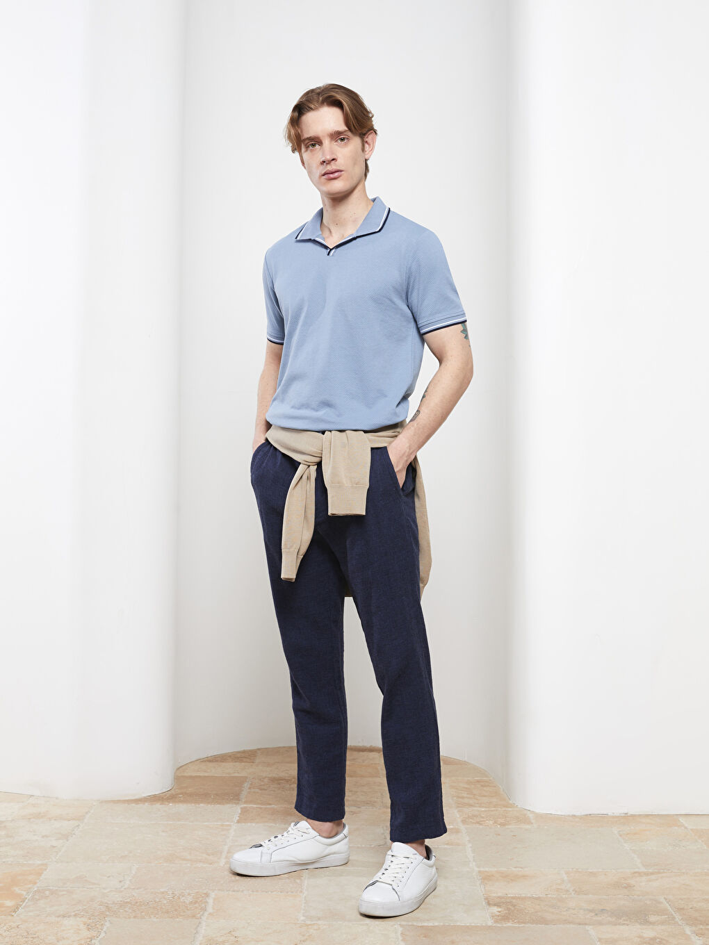 Mavi Polo Yaka Kısa Kollu Penye Erkek Tişört-2