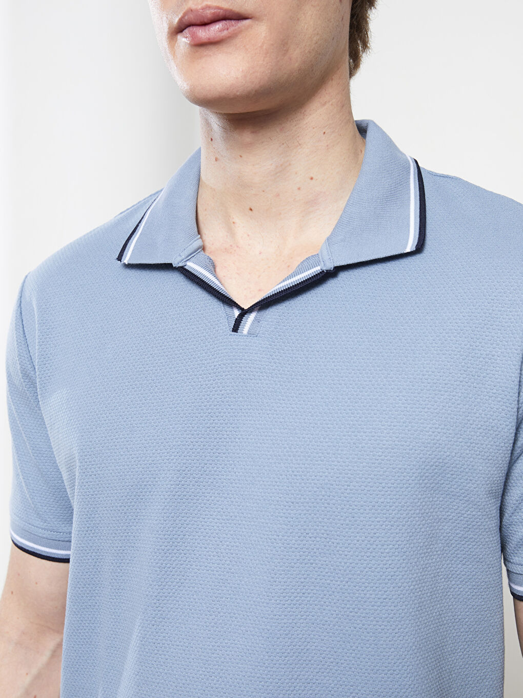Mavi Polo Yaka Kısa Kollu Penye Erkek Tişört-3
