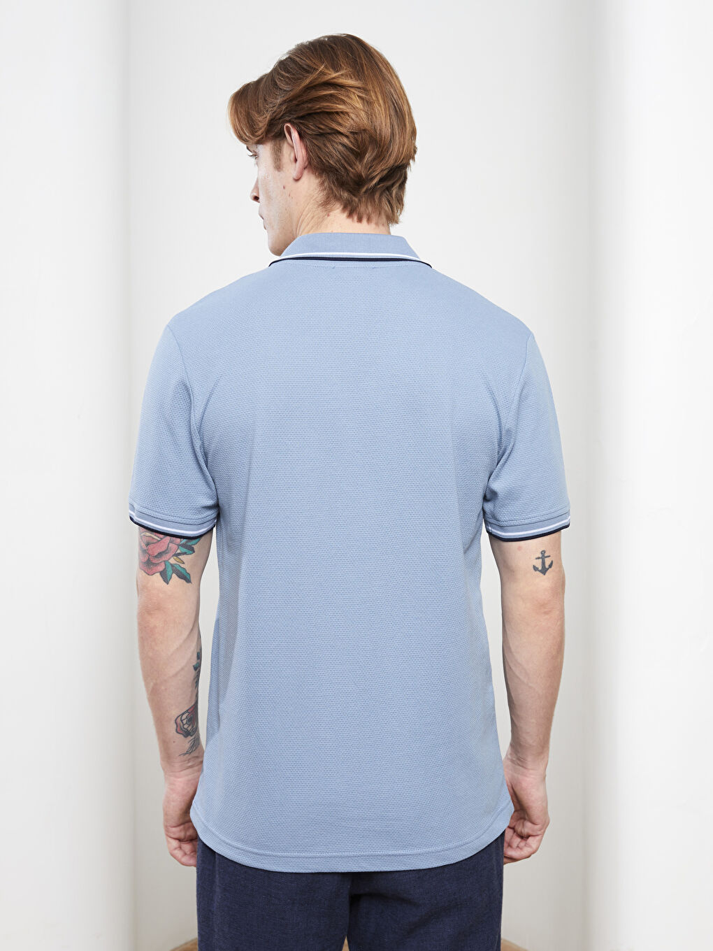 Mavi Polo Yaka Kısa Kollu Penye Erkek Tişört-4