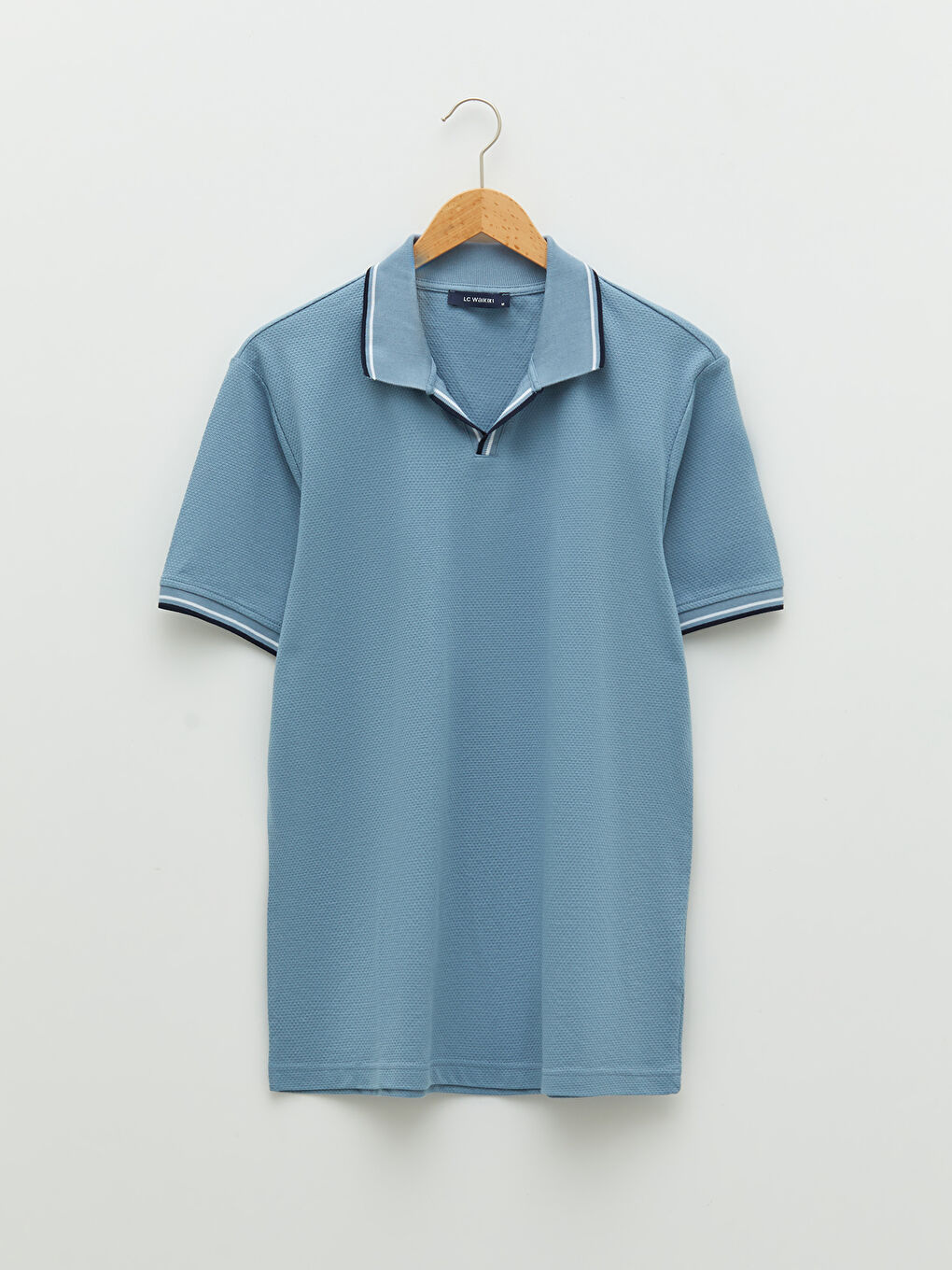 Mavi Polo Yaka Kısa Kollu Penye Erkek Tişört-5