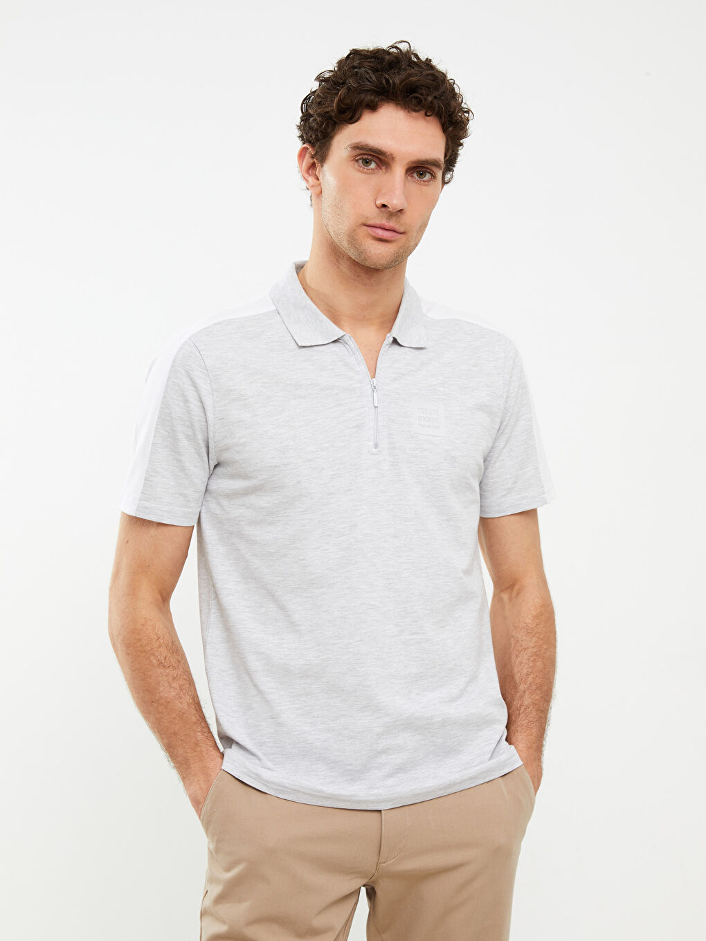 Bej Polo Yaka Kısa Kollu Penye Erkek Tişört