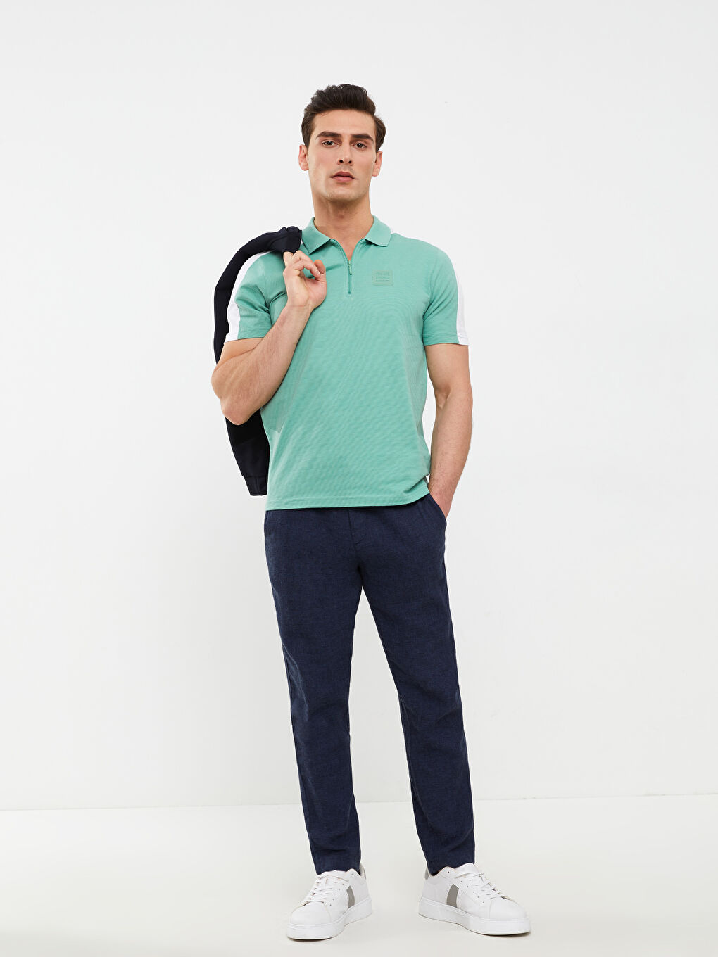 Yeşil Polo Yaka Kısa Kollu Penye Erkek Tişört-1