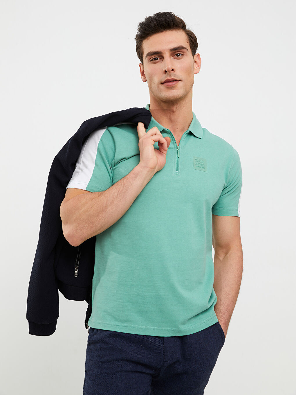 Yeşil Polo Yaka Kısa Kollu Penye Erkek Tişört-2