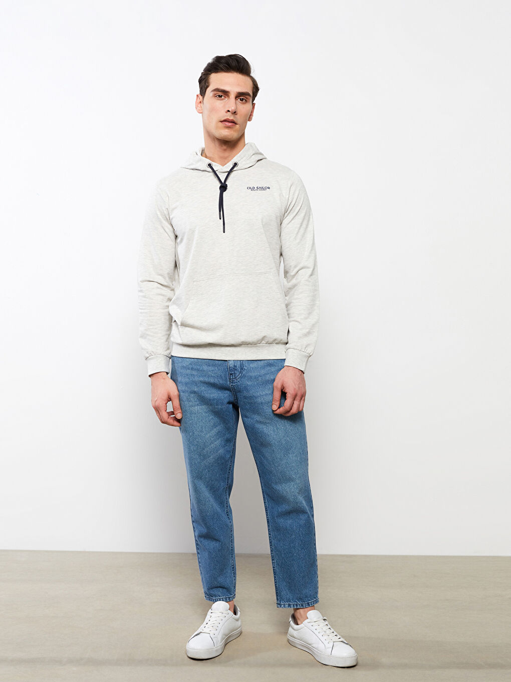 Bej Uzun Kollu Baskılı Erkek Hoodie