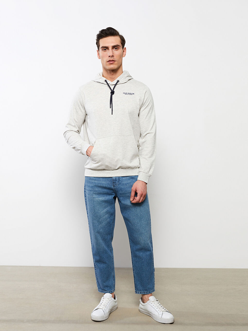 Bej Uzun Kollu Baskılı Erkek Hoodie-1