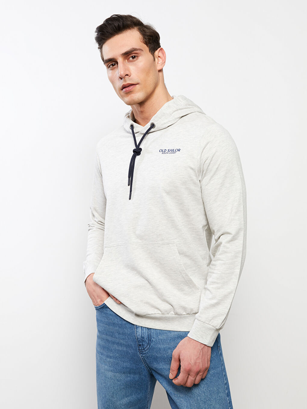 Bej Uzun Kollu Baskılı Erkek Hoodie-2