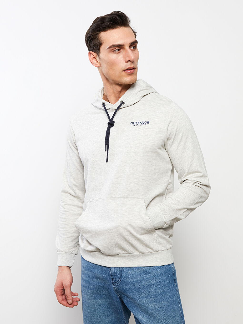 Bej Uzun Kollu Baskılı Erkek Hoodie-3