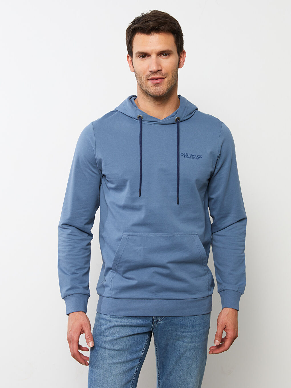 İndigo Uzun Kollu Baskılı Erkek Hoodie