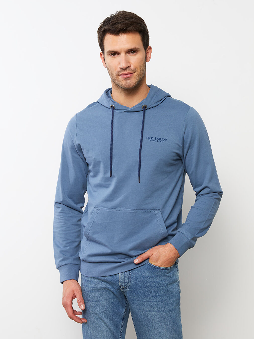 İndigo Uzun Kollu Baskılı Erkek Hoodie-1