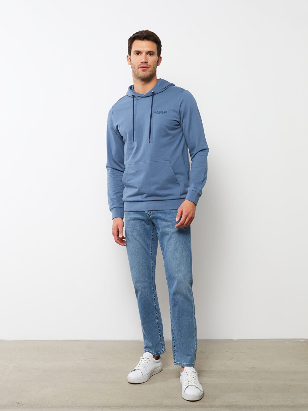 İndigo Uzun Kollu Baskılı Erkek Hoodie-2