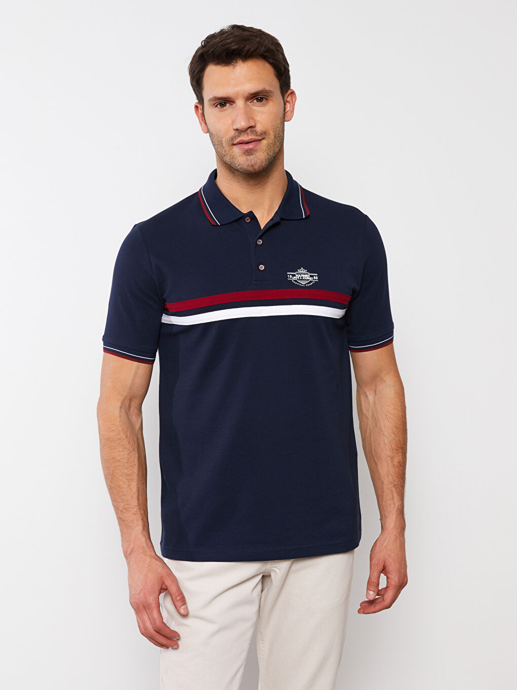 Lacivert Polo Yaka Kısa Kollu Çizgili Pike Erkek Tişört