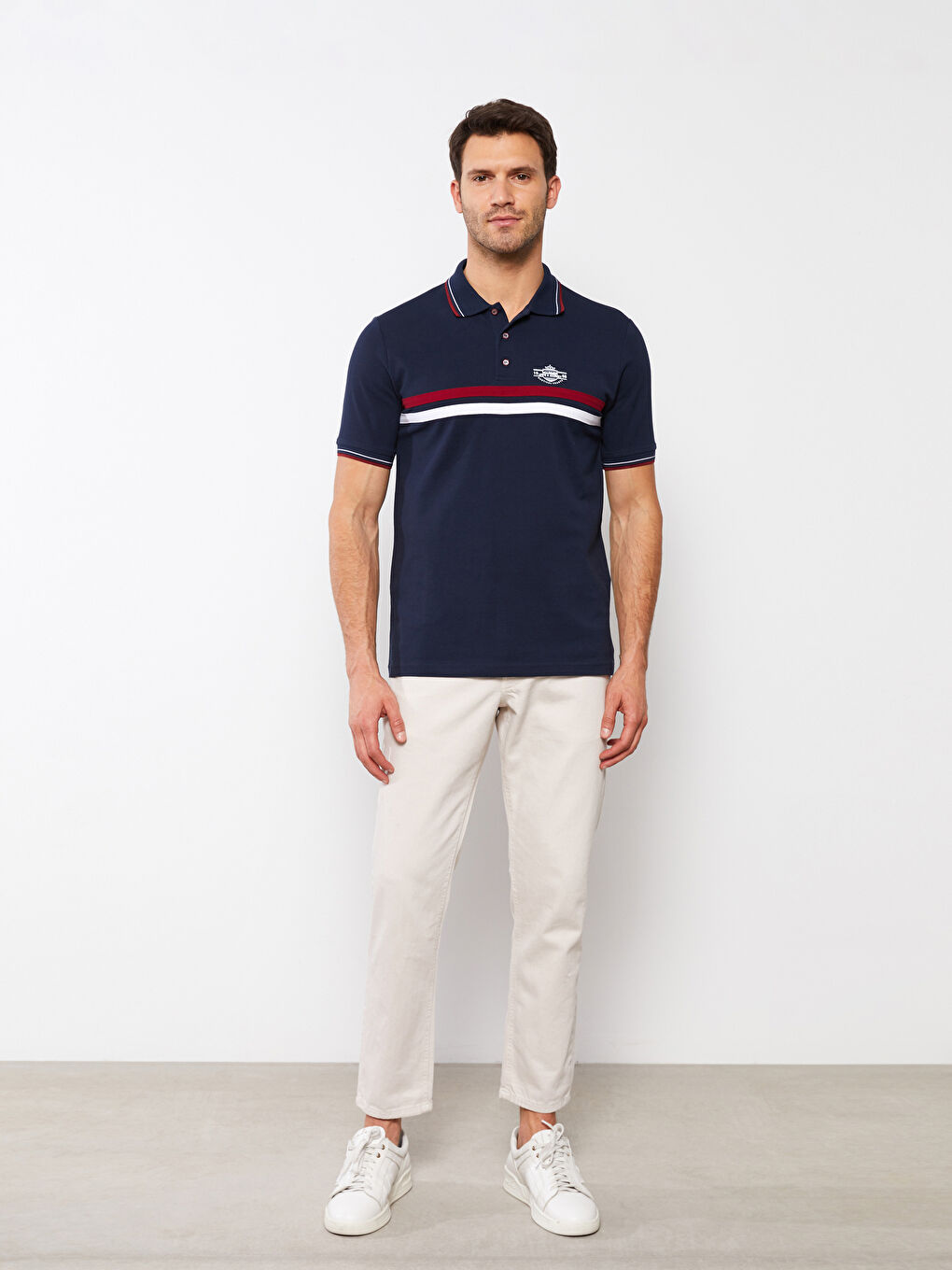 Lacivert Polo Yaka Kısa Kollu Çizgili Pike Erkek Tişört-2