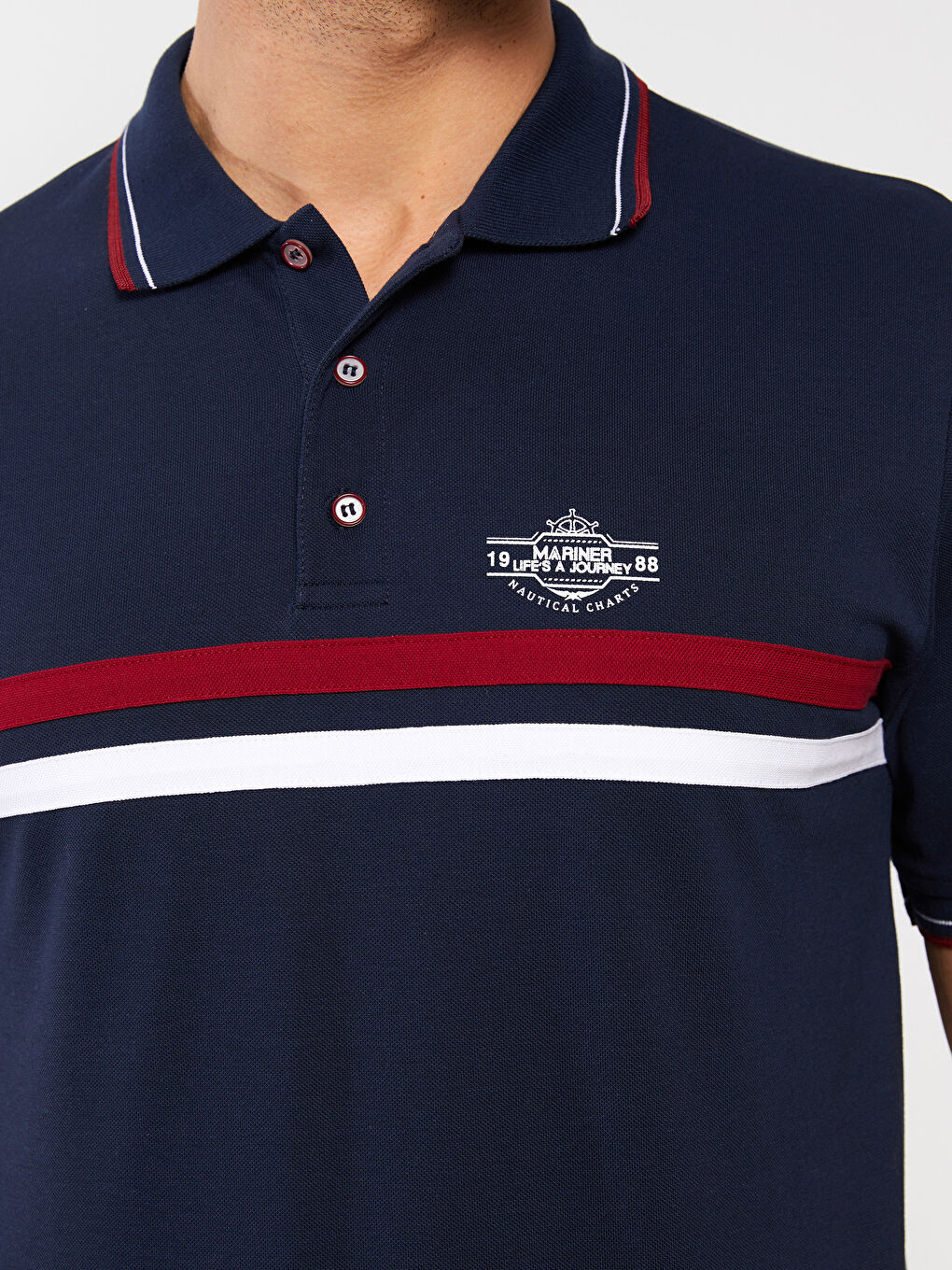 Lacivert Polo Yaka Kısa Kollu Çizgili Pike Erkek Tişört-4