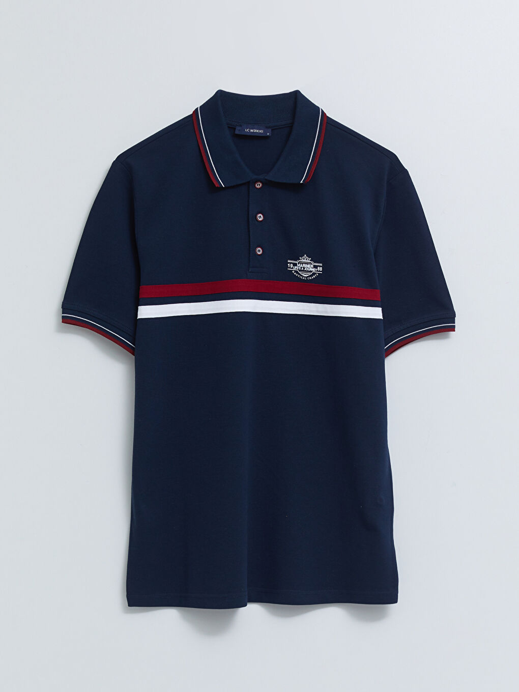 Lacivert Polo Yaka Kısa Kollu Çizgili Pike Erkek Tişört-6