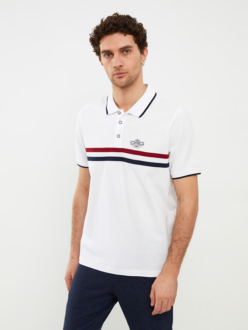 Ерлерге арналған жолақты пике қысқа жең поло жағалы футболка-1