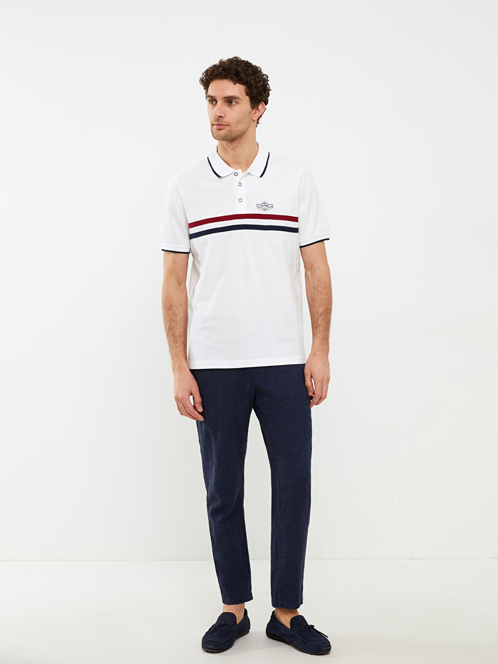 Ерлерге арналған жолақты пике қысқа жең поло жағалы футболка-2