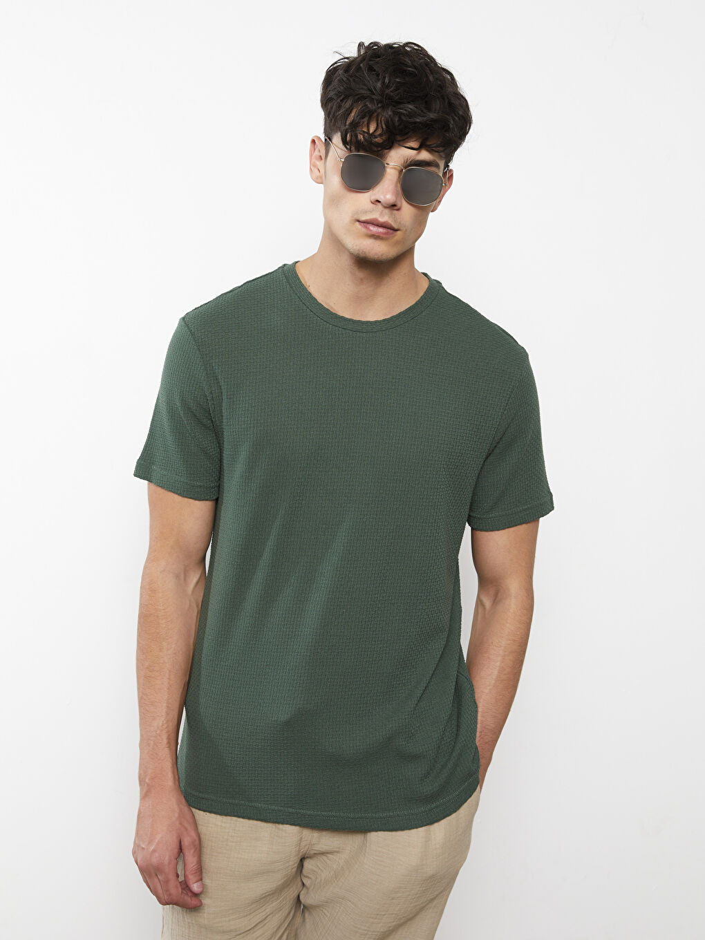 Yeşil Bisiklet Yaka Penye Erkek Tişört-1