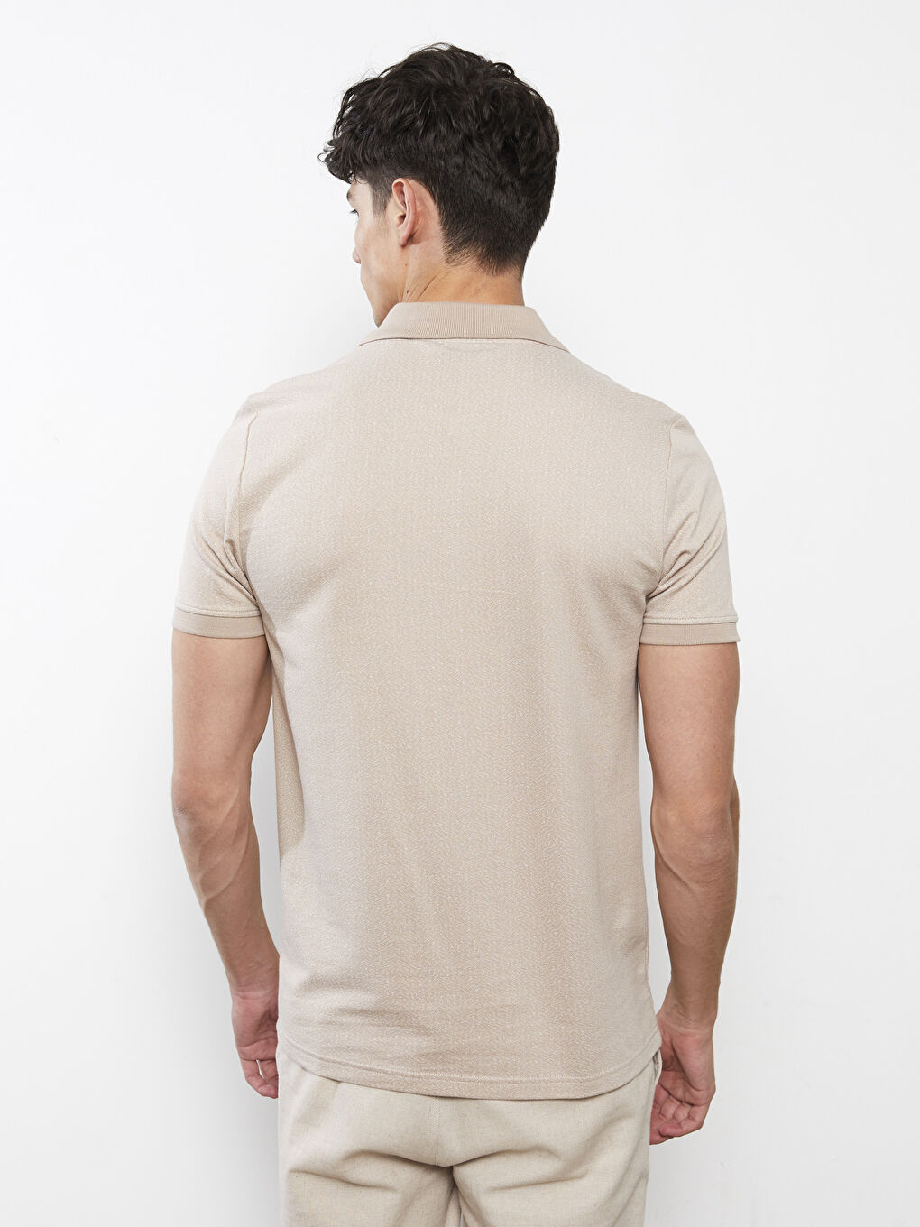 Bej Polo Yaka Kısa Kollu Desenli Erkek Tişört-4
