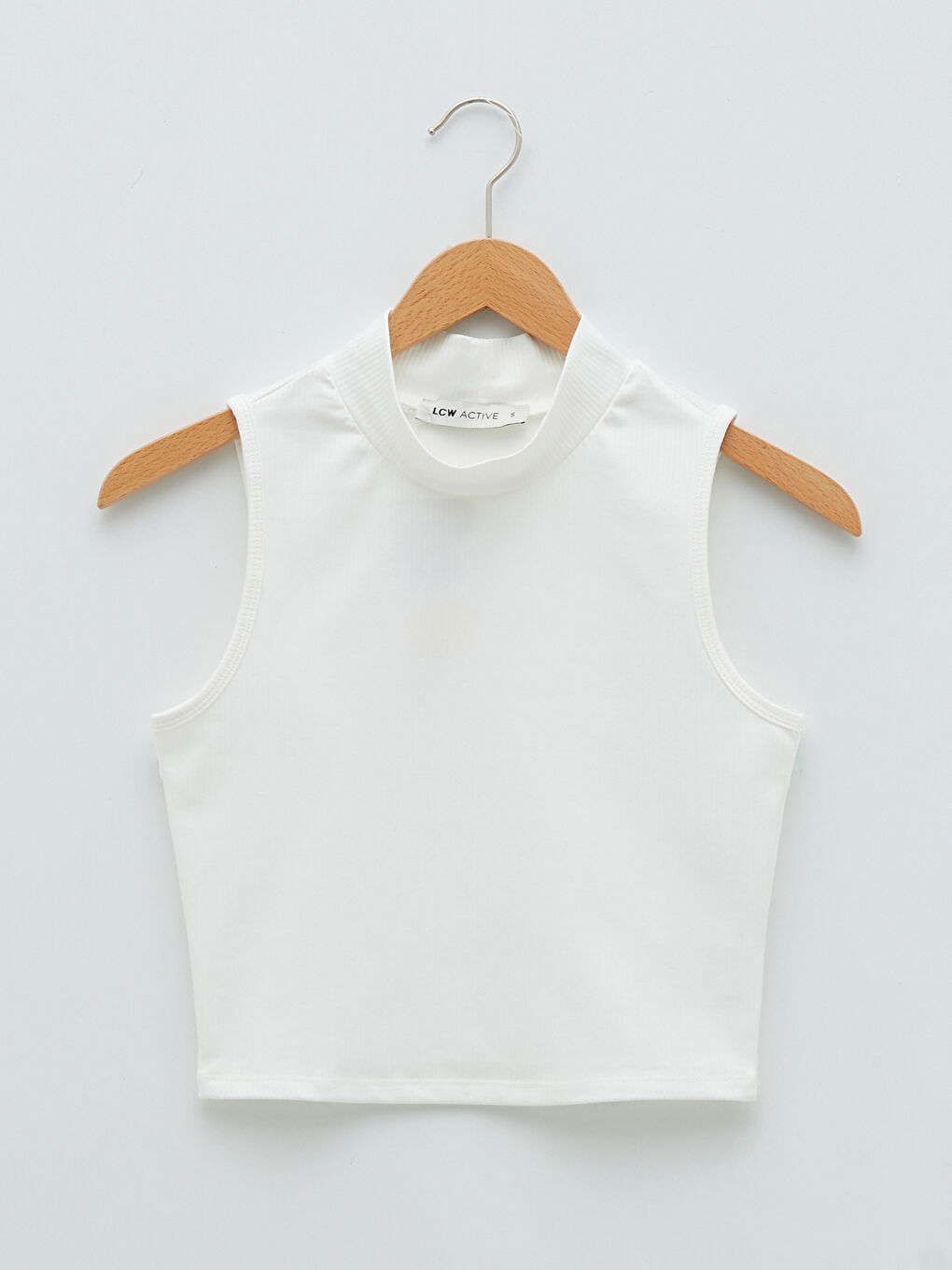 Ekru Dik Yaka Düz Kolsuz Crop Kadın Tişört-5