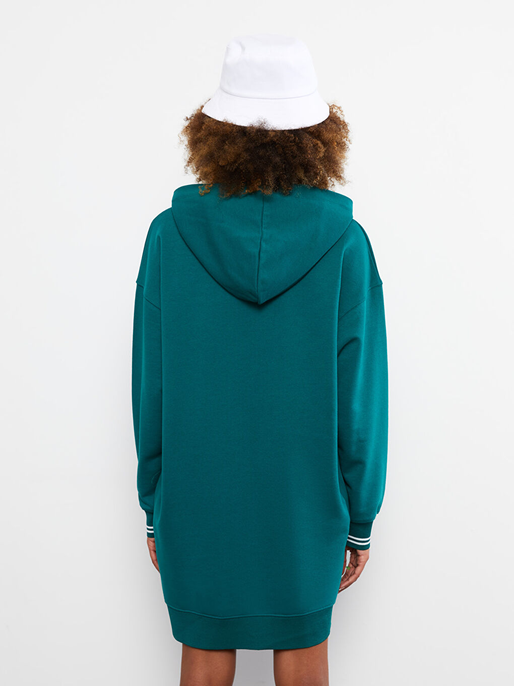 Yeşil Kapüşonlu Baskılı Uzun Kollu Kadın Elbise-5