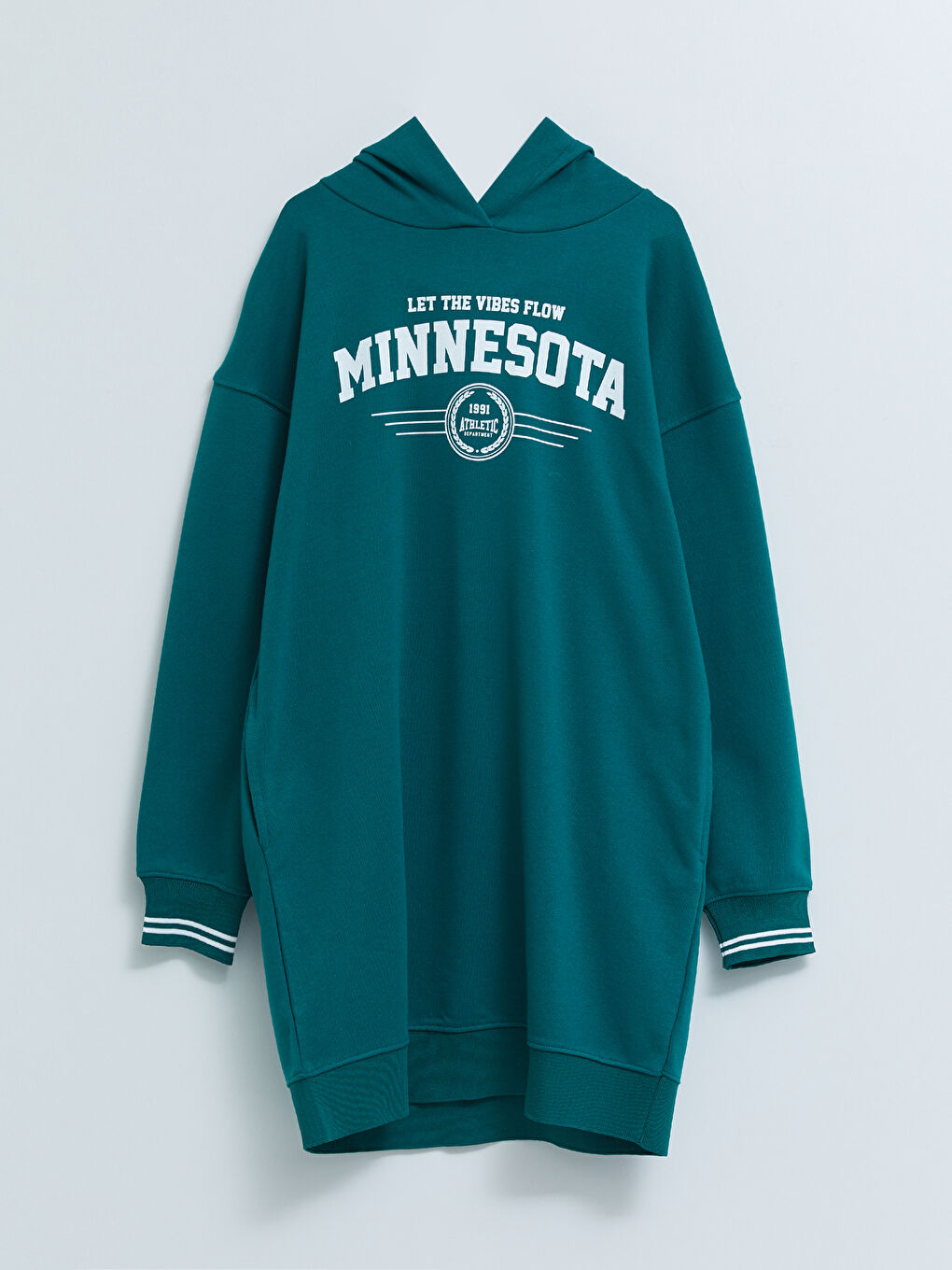 Yeşil Kapüşonlu Baskılı Uzun Kollu Kadın Elbise-6