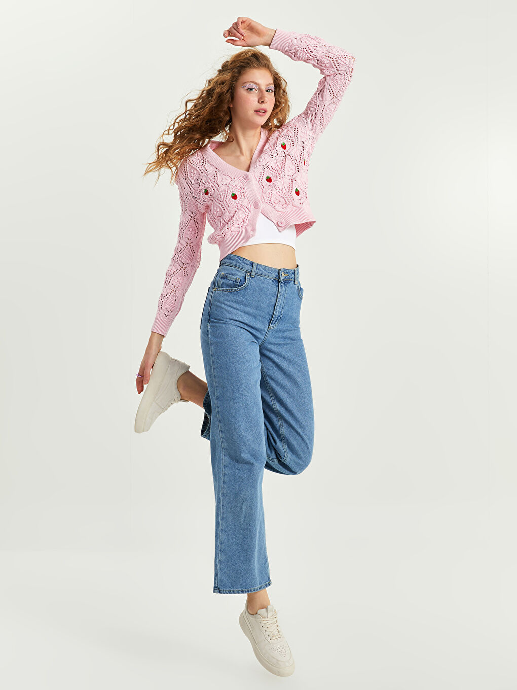 Pembe V Yaka Nakışlı Uzun Kollu Kadın Triko Hırka-3