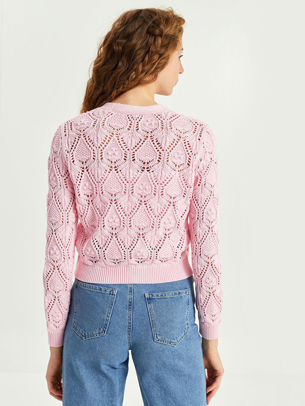 Pembe V Yaka Nakışlı Uzun Kollu Kadın Triko Hırka-4